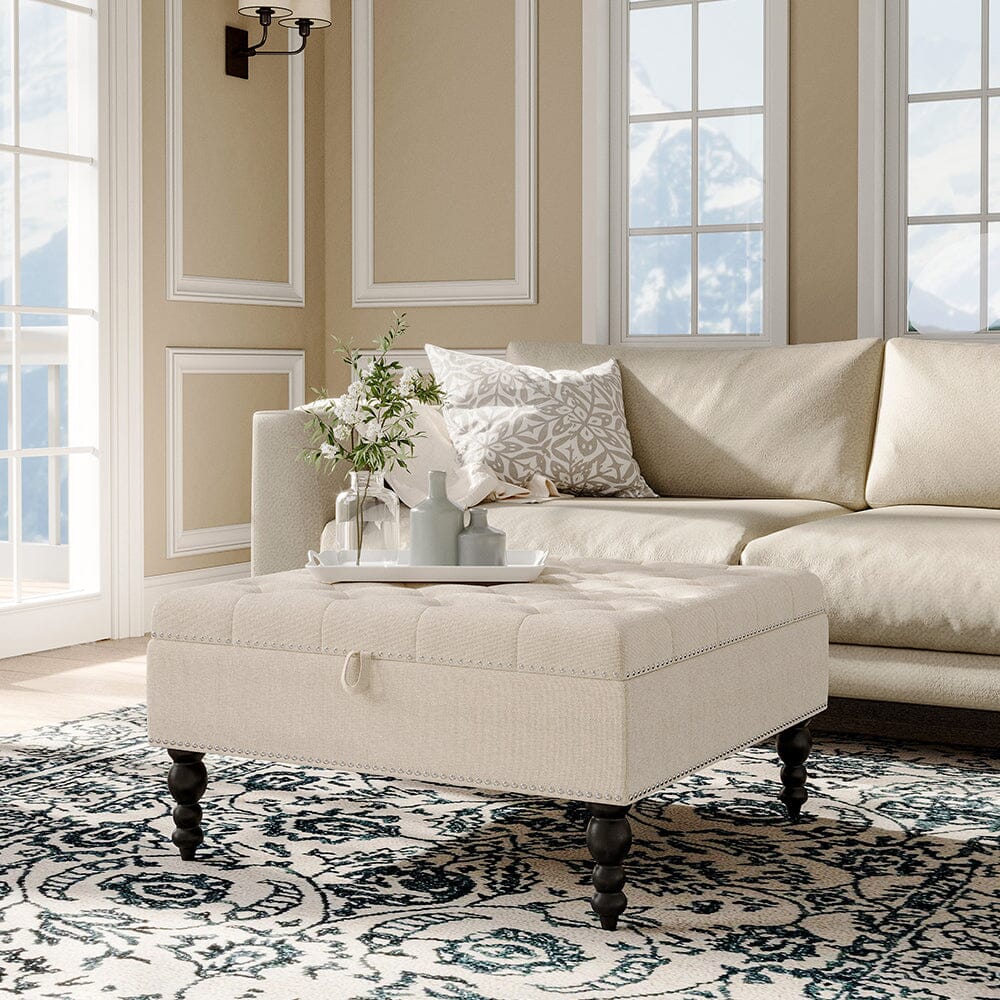 Square Linen Tufted Upholstered Ottoman with Storage Storage Footstools & Benches Living and Home 85cmW x 85cmD x 42cmH White