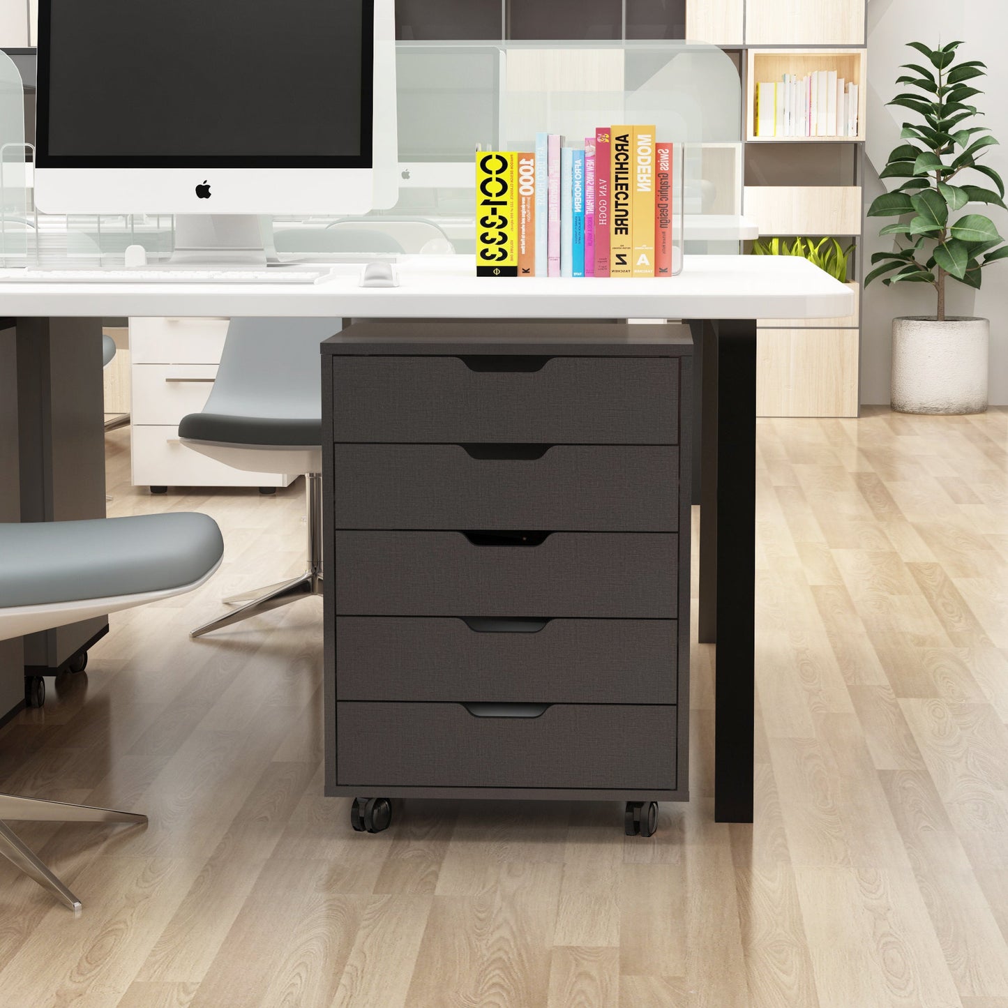 Dark Gray Movable File Cabinet Wooden Drawer Office Storage