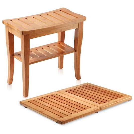 Seat Bench Bamboo Shower with Bathroom Floor Mat Indoor Outdoor