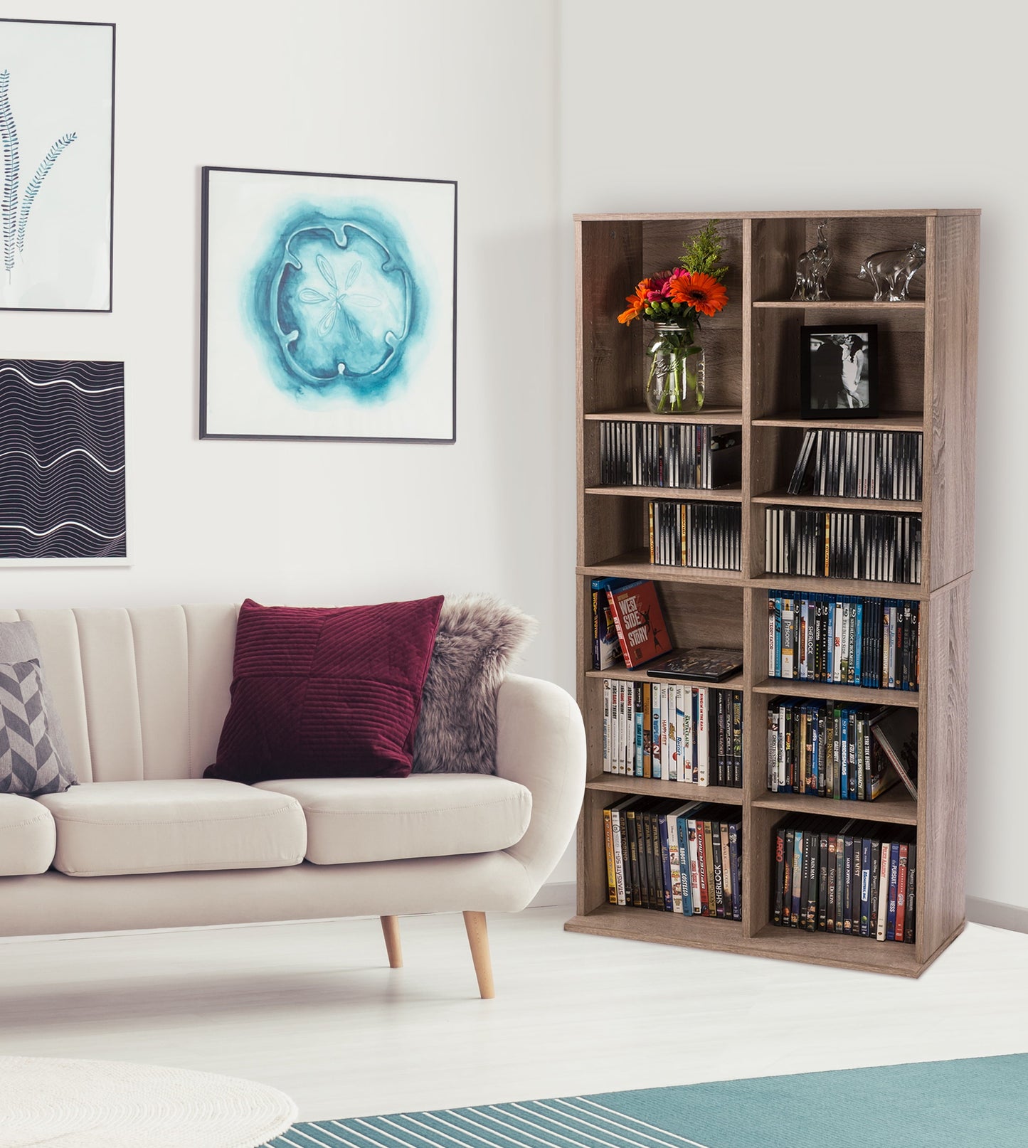 25" x 54" Cabinet Media Storage Adjustable Shelves, Weathered Oak
