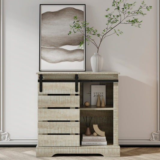 Side Cabinet Sideboard with Sliding Barn Door Interior Shelves Gray
