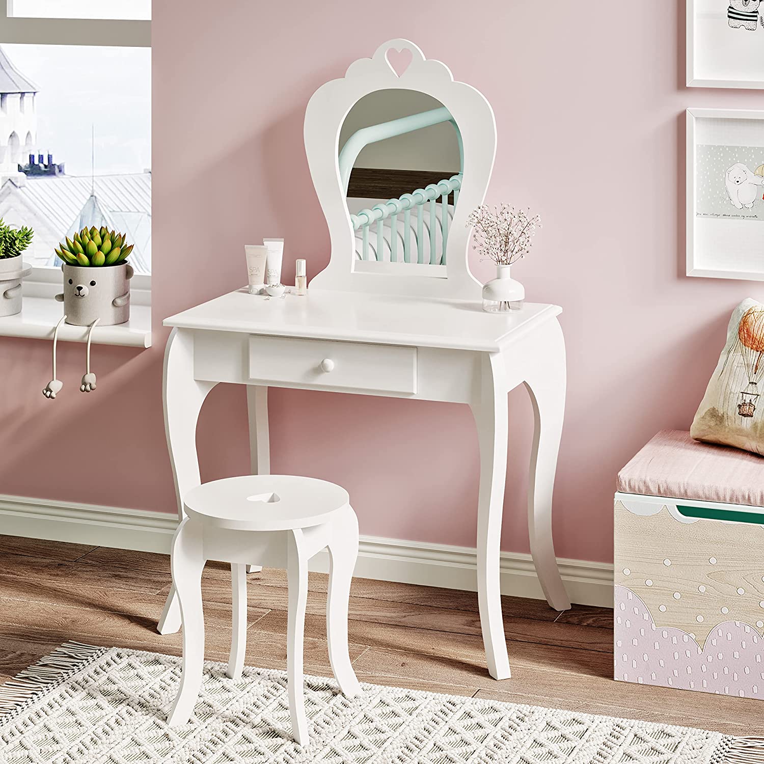 Girls Princess Dressing Table & Stool with Mirror & Drawers | Kids Vanity Table | White