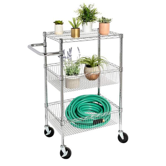 Rolling Kitchen Cart 3-Tier Chrome Heavy Duty Adjustable Shelves Locking Casters