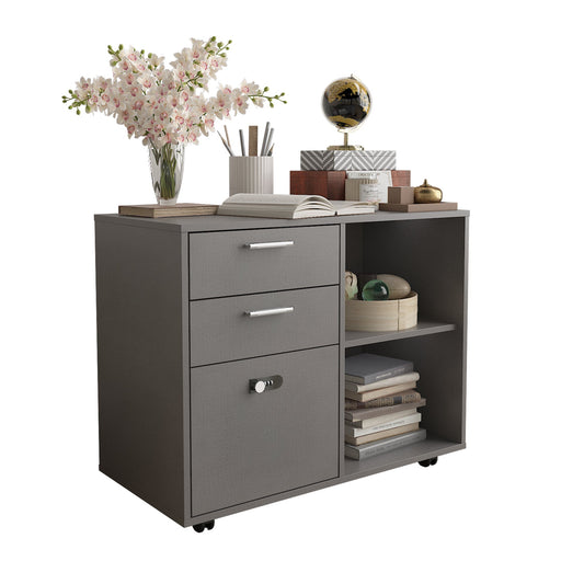 Wood File Drawer Cabinet with coded Lock and Open Storage Shelves