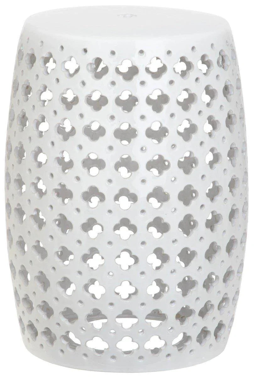 Pierced Quatrefoil Indoor-Outdoor Ceramic Garden Stool In White