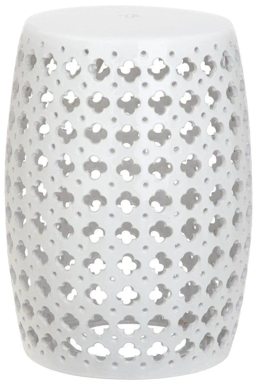 Pierced Quatrefoil Indoor-Outdoor Ceramic Garden Stool In White