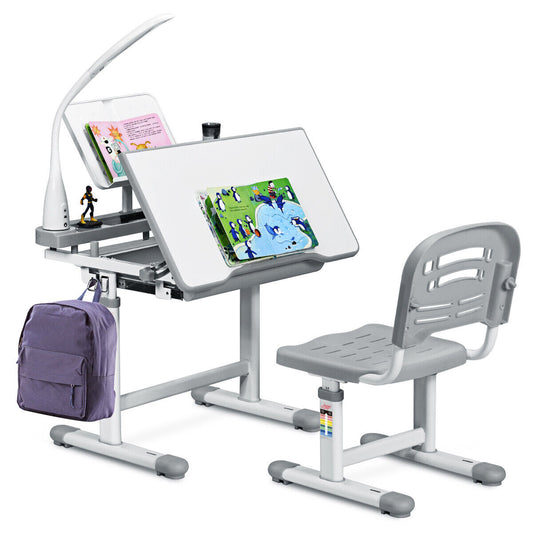 Height Adjustable Tilting Study Desk & Ergonomic Chair| Lamp | Grey | 3-12 Years
