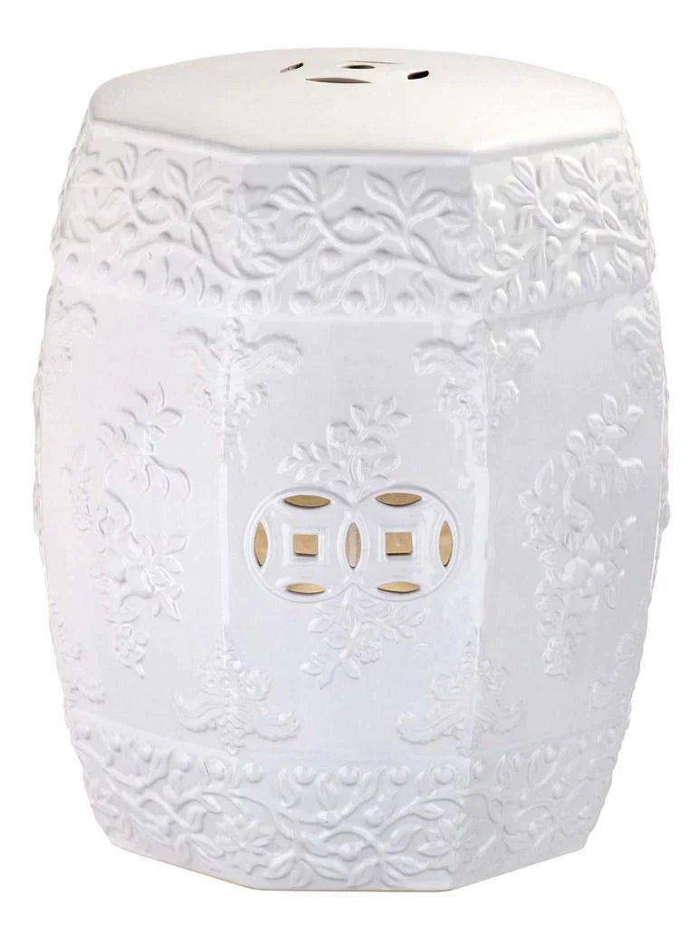 White Textured Floral Design Ceramic Garden Stool