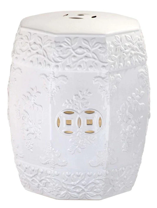 White Textured Floral Design Ceramic Garden Stool